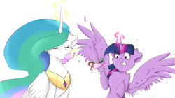 Size: 1280x717 | Tagged: safe, artist:tavifly, imported from derpibooru, discord, princess celestia, twilight sparkle, alicorn, draconequus, pony, cup, simple background, teacup, twilight sparkle (alicorn), white background