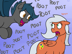 Size: 1600x1200 | Tagged: safe, artist:pony quarantine, imported from derpibooru, oc, oc only, oc:speck, bat pony, pegasus, pony, bat pony oc, fart, fart noise, female, onomatopoeia, pootis, shock, sound effects