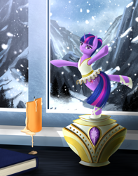 Size: 2811x3568 | Tagged: safe, artist:dezdark, imported from derpibooru, twilight sparkle, pony, unicorn, a royal problem, ballerina, ballet slippers, candle, female, high res, mare, mountain, mountain range, music box, snow, solo, tutu, twilarina, unicorn twilight, wax