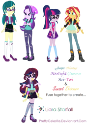 Size: 870x1227 | Tagged: safe, artist:prettycelestia, imported from derpibooru, juniper montage, sci-twi, starlight glimmer, sunset shimmer, twilight sparkle, oc, oc:liara starfall, equestria girls, fusion, fusion:juniper montage, fusion:sci-twi, fusion:starlight glimmer, fusion:sunset shimmer, fusion:twilight sparkle, gem fusion, multiple arms, six arms, steven universe