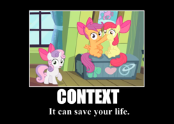 Size: 1042x742 | Tagged: safe, edit, edited screencap, imported from derpibooru, screencap, apple bloom, scootaloo, sweetie belle, somepony to watch over me, caption, cutie mark crusaders, hoof in mouth, motivational poster, not what it looks like, out of context