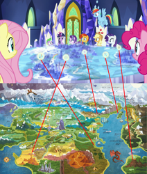 Size: 1280x1506 | Tagged: safe, imported from derpibooru, screencap, applejack, fluttershy, pinkie pie, rainbow dash, rarity, spike, starlight glimmer, sunburst, twilight sparkle, alicorn, dragon, shadow play, analysis, blindfold, comparison, cutie map, flower, friendship throne, inconsistency, mane six, map, map of equestria, mask, netitus, shield, shovel, twilight sparkle (alicorn)