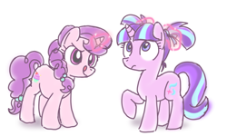 Size: 1000x600 | Tagged: safe, artist:yosixi, imported from derpibooru, starlight glimmer, sugar belle, pony, unicorn, bow, duo, female, filly, filly starlight glimmer, glowing horn, pigtails, ribbon, younger