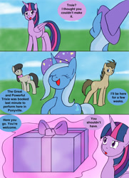 Size: 1000x1379 | Tagged: safe, artist:emilou1985, imported from derpibooru, doctor whooves, octavia melody, time turner, trixie, twilight sparkle, alicorn, pony, unicorn, comic:signs, clothes, comic, happy, hat, hoof on chest, magic, magic aura, misspelling, pregnant, present, trixie's hat, twilight sparkle (alicorn)