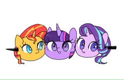 Size: 768x499 | Tagged: safe, artist:kagitsuki, imported from derpibooru, starlight glimmer, sunset shimmer, twilight sparkle, pony, unicorn, dango, disembodied head, food, sunset shimmer dressing up as food, trio