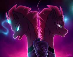 Size: 800x626 | Tagged: safe, artist:anttu-chan, imported from derpibooru, tempest shadow, pony, unicorn, my little pony: the movie, broken horn, bust, duality, female, mare, open mouth, solo