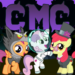 Size: 800x800 | Tagged: safe, artist:ironm17, artist:reitanna-seishin, deleted from derpibooru, imported from derpibooru, apple bloom, scootaloo, sweetie belle, alternative cutie mark placement, animal costume, astronaut, clothes, costume, cutie mark crusaders, glasses, halloween, halloween costume, hat, holiday, profile picture, scootawolf, spacesuit, suit, top hat, wolf costume