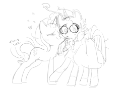 Size: 944x669 | Tagged: safe, artist:gyunyu, imported from derpibooru, starlight glimmer, sunburst, pony, unicorn, blushing, duo, eyes closed, female, glasses, grayscale, heart, hug, japanese, male, monochrome, oblivious, shipping, sketch, starburst, straight, sweat, sweatdrop, translation request