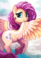 Size: 3508x4961 | Tagged: safe, artist:eiolf, artist:r0b0tassassin, imported from derpibooru, fluttershy, pegasus, pony, butt, cute, female, flying, head turn, heart eyes, looking at you, looking back, mare, mid-flight, plot, shyabetes, sky, smiling, solo, spread wings, turned head, wingding eyes, wings