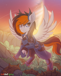 Size: 1300x1614 | Tagged: safe, artist:redchetgreen, imported from derpibooru, oc, oc only, oc:rainy sky, pegasus, pony, armor, clothes, commission, female, mare, raised hoof, smiling, solo, spread wings, wings, ych result