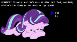 Size: 874x484 | Tagged: safe, imported from derpibooru, starlight glimmer, black background, continue, crying, female, game over, knocked out, mother series, parody, rpg, simple background, solo, undertale, video game