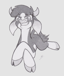 Size: 1630x1925 | Tagged: safe, artist:lockerobster, imported from derpibooru, arizona cow, cow, them's fightin' herds, arizona (tfh), cloven hooves, community related, crossed hooves, female, gray background, grayscale, lying down, monochrome, pencil drawing, simple background, smiling, smirk, solo, traditional art