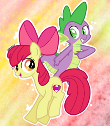 Size: 949x1083 | Tagged: safe, artist:dsfranch, imported from derpibooru, apple bloom, spike, dragon, earth pony, pony, bow, duo, female, filly, hair bow, male, pointing, shipping, spikebloom, straight