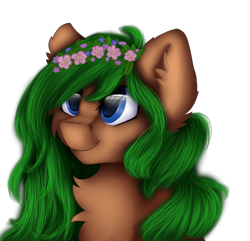 Size: 1600x1545 | Tagged: safe, artist:czywko, imported from derpibooru, oc, oc only, blue eyes, bust, female, floral head wreath, flower, green hair, mare, portrait, smiling, solo, speedpaint, ych result
