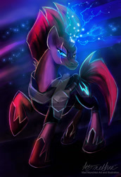 Size: 1024x1489 | Tagged: safe, artist:mad--munchkin, imported from derpibooru, tempest shadow, pony, unicorn, my little pony: the movie, broken horn, eye scar, female, lightning, magic, raised hoof, scar, smiling, solo, sparking horn, watermark
