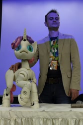 Size: 912x1368 | Tagged: safe, imported from derpibooru, sweetie belle, human, pony, robot, robot pony, 2017, defictionalization, derpfest, irl, irl human, photo, proto3, sweetie bot, sweetie bot project