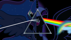 Size: 1920x1080 | Tagged: safe, artist:sofunnyguy, derpibooru exclusive, edit, imported from derpibooru, nightmare moon, princess luna, rainbow dash, pony, album cover, album parody, female, hipgnosis, implied insanity, pink floyd, ponified, ponified album cover, rainbow, rock (music), the dark side of the moon, triangle, two sides, wallpaper