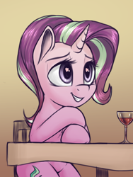 Size: 910x1209 | Tagged: safe, artist:deltauraart, edit, imported from derpibooru, starlight glimmer, pony, unicorn, alcohol, chair, chest fluff, cropped, date, female, glass, heart eyes, mare, sitting, smiling, solo, table, wine, wine glass, wingding eyes