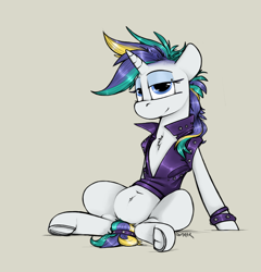 Size: 1088x1131 | Tagged: safe, artist:sinrar, imported from derpibooru, rarity, pony, unicorn, alternate hairstyle, bracelet, chest fluff, clothes, eyeshadow, female, gray background, jacket, jewelry, leather jacket, lidded eyes, looking at you, makeup, mane dye, mare, punk, raripunk, simple background, sitting, smiling, solo, underhoof