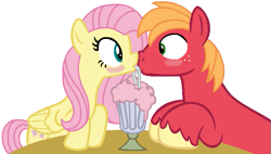 Size: 775x439 | Tagged: safe, artist:mlpfimlover97, imported from derpibooru, big macintosh, fluttershy, pony, blushing, boop, female, fluttermac, looking at each other, male, mare, milkshake, noseboop, sharing a drink, shipping, stallion, straight, straw