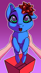 Size: 3240x5760 | Tagged: safe, artist:autello, imported from derpibooru, oc, oc only, earth pony, human, pony, auction, bow, box, commission, cute, female, first person view, hand, holding a pony, looking at you, looking up, looking up at you, mare, offscreen character, pov, solo, your character here