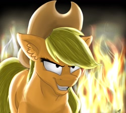 Size: 1280x1152 | Tagged: safe, artist:tillie-tmb, imported from derpibooru, applejack, earth pony, pony, challenge accepted, evil grin, female, fire, grin, hat, kubrick stare, mare, slasher smile, smiling, solo