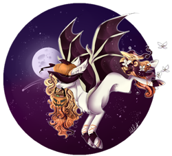 Size: 1348x1225 | Tagged: safe, artist:holoriot, imported from derpibooru, oc, oc only, bat pony, female, flower, flying, halloween, hat, holiday, mare, moon, night, solo