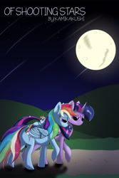 Size: 3201x4800 | Tagged: safe, artist:kamikakushi, imported from derpibooru, rainbow dash, twilight sparkle, oc, oc:morning light, alicorn, pony, bedroom eyes, fanfic, fanfic art, fanfic cover, female, filly, lesbian, magical lesbian spawn, mare, moon, night, offspring, parent:rainbow dash, parent:twilight sparkle, parents:twidash, shipping, shooting stars, trio, twidash, twilight sparkle (alicorn)