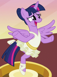 Size: 520x700 | Tagged: safe, imported from derpibooru, screencap, twilight sparkle, alicorn, pony, a royal problem, ballerina, clothes, cute, dress, female, leotard, mare, music box, sheepish, solo, spread wings, tutu, twiabetes, twilarina, twilight sparkle (alicorn), wings