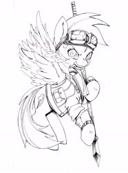 Size: 4928x6627 | Tagged: safe, artist:alts-art, imported from derpibooru, rainbow dash, pony, absurd resolution, cid highwind, cigarette, clothes, cosplay, costume, crossover, female, final fantasy, final fantasy vii, goggles, inktober, mare, monochrome, open mouth, simple background, sketch, smiling, smoking, solo, spear, weapon
