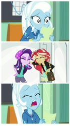 Size: 936x1682 | Tagged: safe, imported from derpibooru, starlight glimmer, sunset shimmer, trixie, equestria girls, equestria girls series, mirror magic, spoiler:eqg specials, female, lesbian, sad, shimmerglimmer, shipping, startrix