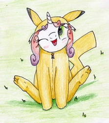 Size: 1932x2168 | Tagged: safe, artist:40kponyguy, derpibooru exclusive, imported from derpibooru, sweetie belle, pikachu, unicorn, blushing, cute, female, filly, floppy ears, laughing, looking up, one eye closed, onesie, pokémon, solo, traditional art, zipper