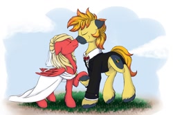 Size: 1356x899 | Tagged: safe, artist:melodis, imported from derpibooru, oc, oc only, oc:melodis, oc:yaktan, earth pony, pegasus, pony, clothes, dress, eyes closed, female, male, marriage, melotan, oc x oc, shipping, simple background, suit, wedding