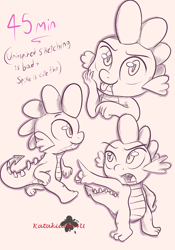 Size: 2100x3000 | Tagged: safe, artist:katakiuchi4u, imported from derpibooru, spike, dragon, cute, fangs, looking at you, looking up, male, monochrome, open mouth, pointing, sketch, smiling, solo, spikabetes, tongue out, traditional art, walking