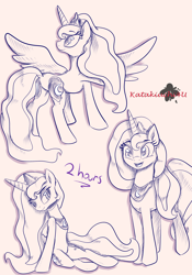 Size: 2100x3000 | Tagged: safe, artist:katakiuchi4u, imported from derpibooru, princess luna, alicorn, pony, bedroom eyes, female, happy, jewelry, lying down, mare, monochrome, open mouth, rear view, sketch, smiling, solo, spread wings, traditional art, wings