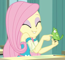 Size: 821x753 | Tagged: safe, imported from derpibooru, screencap, fluttershy, bird, a little birdie told me, equestria girls, equestria girls series, cropped, cute, duo, eyes closed, female, fluttershy boho dress, shyabetes, smiling, solo, songbird, tickling