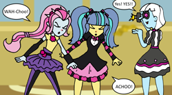 Size: 3274x1816 | Tagged: safe, artist:pariahexilewrath, imported from derpibooru, photo finish, pixel pizazz, violet blurr, equestria girls, sneezing, the snapshots