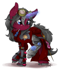 Size: 1024x1218 | Tagged: safe, artist:midnightpremiere, imported from derpibooru, oc, oc only, oc:silver shield, pony, fallout equestria, female, goggles, magic, mare, prosthetics, screwdriver, signature, simple background, solo, telekinesis, transparent background