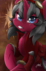 Size: 1024x1583 | Tagged: safe, artist:midnightpremiere, imported from derpibooru, oc, oc only, oc:silver shield, pony, unicorn, fallout equestria, female, goggles, mare, raised hoof, solo