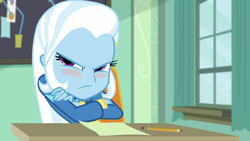 Size: 1920x1080 | Tagged: safe, imported from derpibooru, screencap, trixie, a little birdie told me, equestria girls, equestria girls series, angry, blushing, canterlot high, cute, desk, diatrixes, female, madorable, offended, paper, pencil, pouting, solo, sulking, upset, window