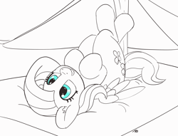 Size: 4480x3415 | Tagged: safe, artist:pabbley, imported from derpibooru, fluttershy, pegasus, pony, 30 minute art challenge, cute, female, hooves to the chest, lineart, mare, on back, partial color, shyabetes, smiling, solo, tent, wings