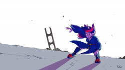 Size: 3000x1687 | Tagged: safe, artist:0ndshok, imported from derpibooru, twilight sparkle, anthro, plantigrade anthro, unicorn, clothes, female, ruins, serious, serious face, shorts, solo