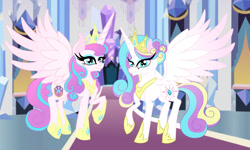 Size: 960x576 | Tagged: safe, artist:owocrystalcatowo, imported from derpibooru, princess flurry heart, oc, oc:crystal heart, alicorn, pony, alicorn oc, eyeliner, female, hoof shoes, makeup, mare, offspring, older, older flurry heart, parent:princess cadance, parent:shining armor, parents:shiningcadance, raised hoof, sisters