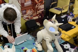 Size: 1024x683 | Tagged: safe, imported from derpibooru, sci-twi, sweetie belle, twilight sparkle, alicorn, human, robot, computer, derpfest, irl, irl human, laptop computer, photo, proto3, sweetie bot, sweetie bot project, twilight sparkle (alicorn)