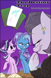 Size: 676x1024 | Tagged: safe, artist:dilarus, deleted from derpibooru, imported from derpibooru, starlight glimmer, trixie, oc, crystal pony, pony, unicorn, cape, clothes, fanfic, fanfic art, fanfic cover, hat, tarot, trixie's cape, trixie's hat