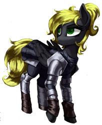 Size: 525x644 | Tagged: safe, artist:nsilverdraws, imported from derpibooru, oc, oc only, oc:veen sundown, horse, pegasus, pony, armor, armor skirt, blonde, detailed, female, green eyes, mare, ponytail, simple background, skirt, solo, standing, sundown clan, white background