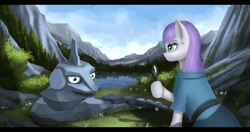 Size: 3920x2065 | Tagged: safe, artist:dezdark, imported from derpibooru, maud pie, earth pony, onix, pony, clothes, crossover, female, mare, pokémon, scenery