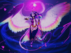 Size: 1552x1160 | Tagged: safe, artist:turnipberry, imported from derpibooru, twilight sparkle, alicorn, anthro, classical unicorn, unguligrade anthro, goddess au, armpits, badass, cloven hooves, curved horn, demigod, female, flying, horn ring, impossibly large wings, large wings, leonine tail, magic, mare, outstretched arm, rainbow power, robes, solo, staff, tail ring, twilight sparkle (alicorn), white eyes, wings