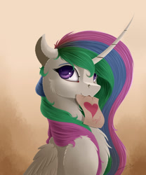 Size: 2500x3000 | Tagged: safe, artist:skitsniga, artist:skitsroom, imported from derpibooru, princess celestia, alicorn, pony, beautiful, bust, cheek fluff, chest fluff, curved horn, cute, cutelestia, female, floppy ears, fluffy, heart, looking at you, mare, messy mane, mouth hold, multicolored mane, purple eyes, smiling, solo