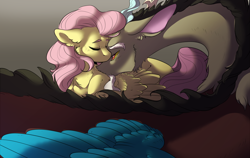 Size: 1900x1204 | Tagged: safe, artist:yuyusunshine, imported from derpibooru, discord, fluttershy, draconequus, pegasus, pony, cheek fluff, chest fluff, discoshy, ear fluff, eyes closed, female, male, mare, shipping, size difference, straight